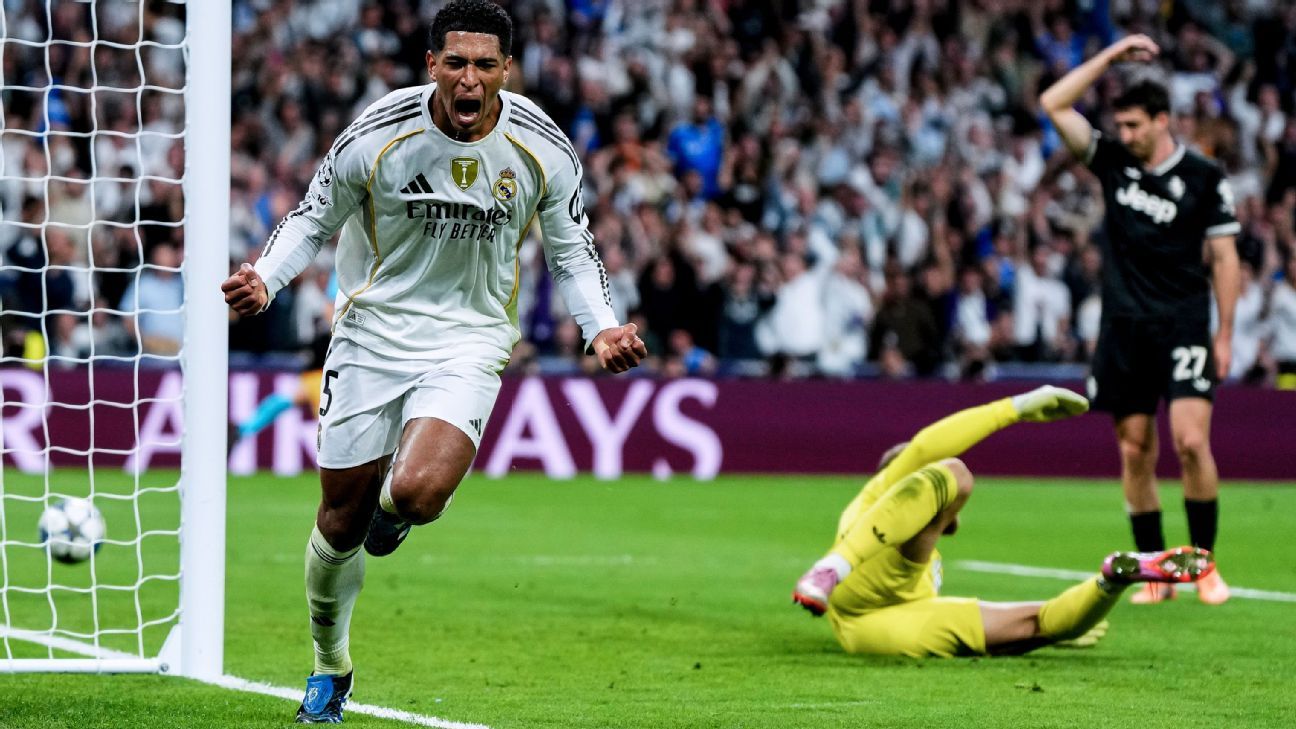 Bellingham Resurge: Gol Clave en Champions Revive al Real Madrid 1 Jude Bellingham celebra tras marcar un gol para el Real Madrid contra la Juventus.