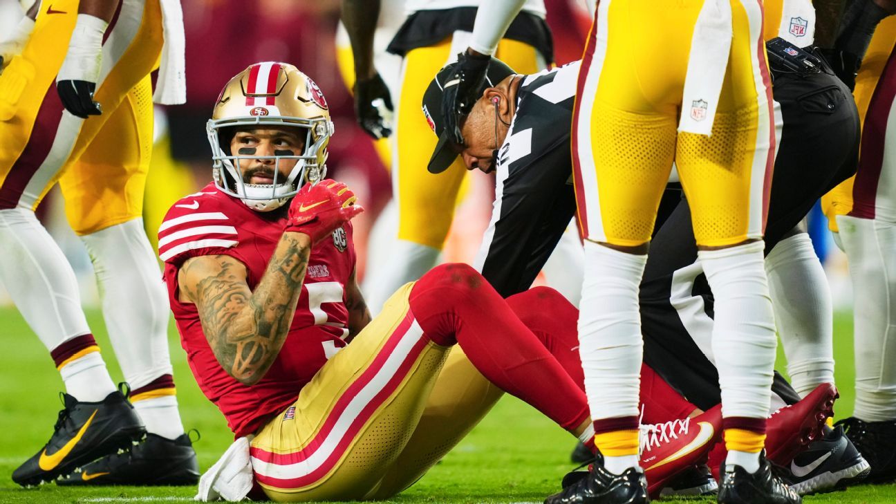 49ers' Evans exits 'MNF' early due to Achilles