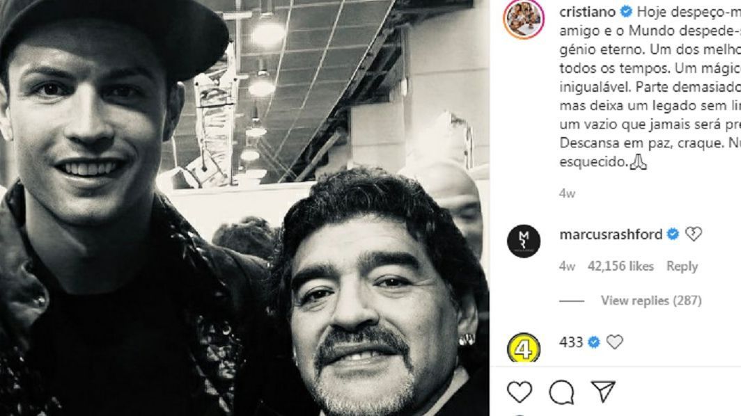 CR7 with Maradona among the most commented photos on Instagram in 2020