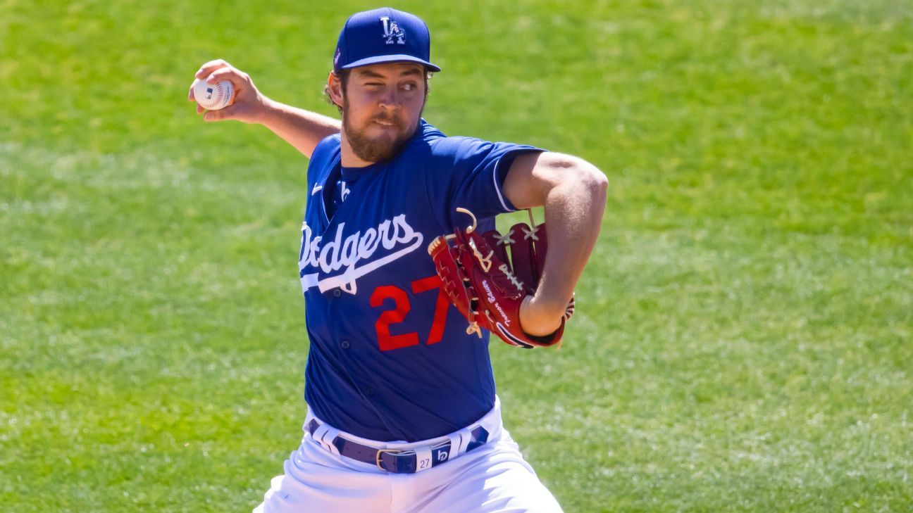 Los Angeles Dodgers’ Trevor Bauer launches inning against the San Diego Padres with one eye closed