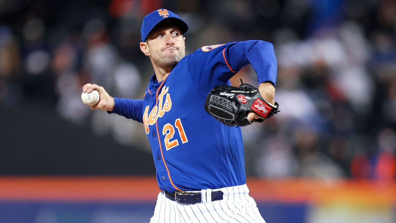 O jogador do New York Mets Max Scherzer se arrasta desde o início devido a desconforto no lado esquerdo