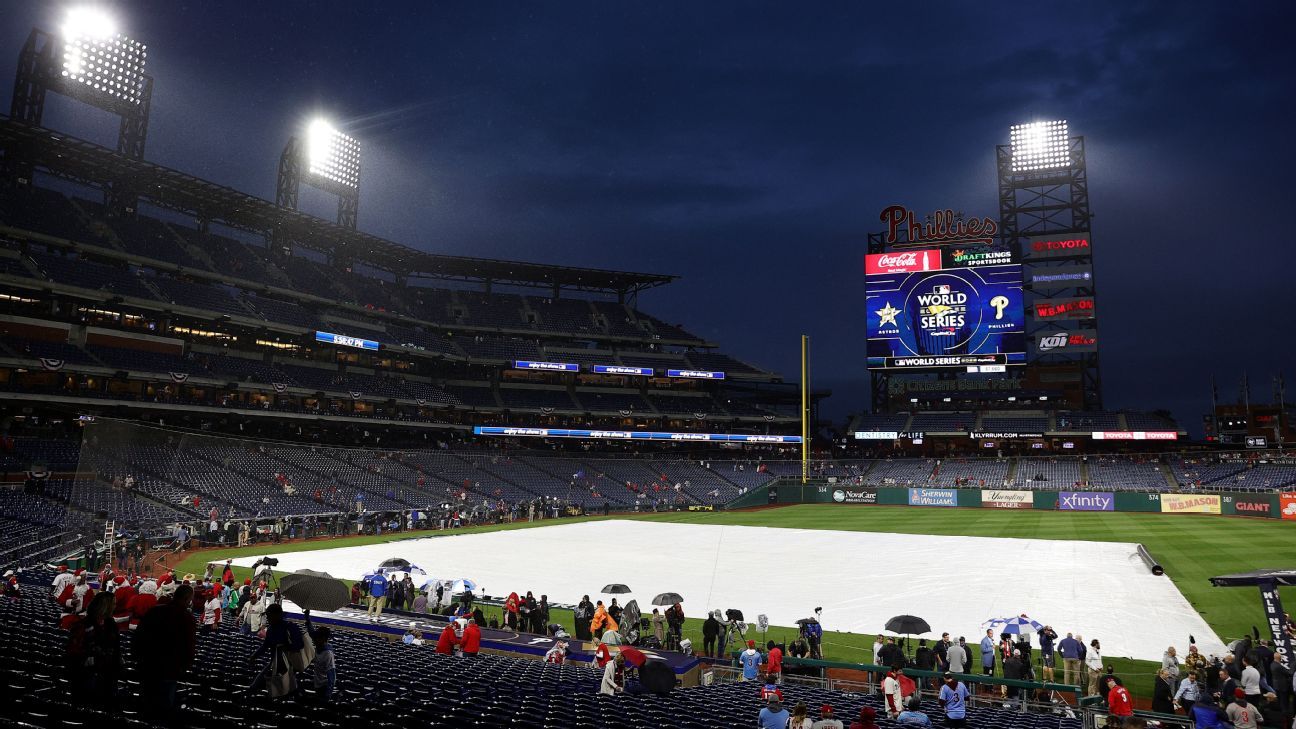Game 3 of the World Series will be postponed by a day due to rain in Philadelphia
