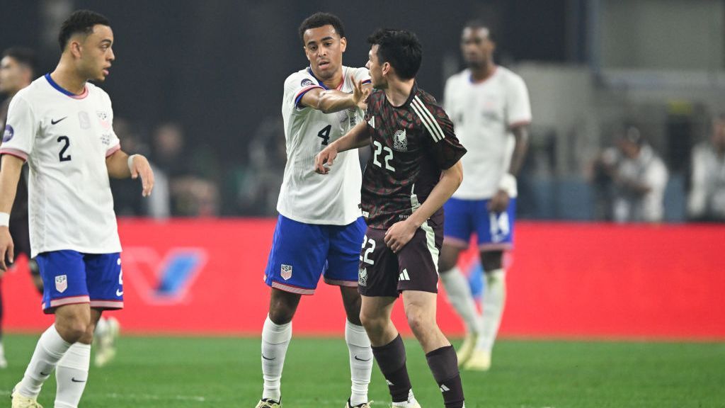 Tyler Adams shoves Hirving Lozano during the Nations League final between the U.S. and Mexico in 2024.